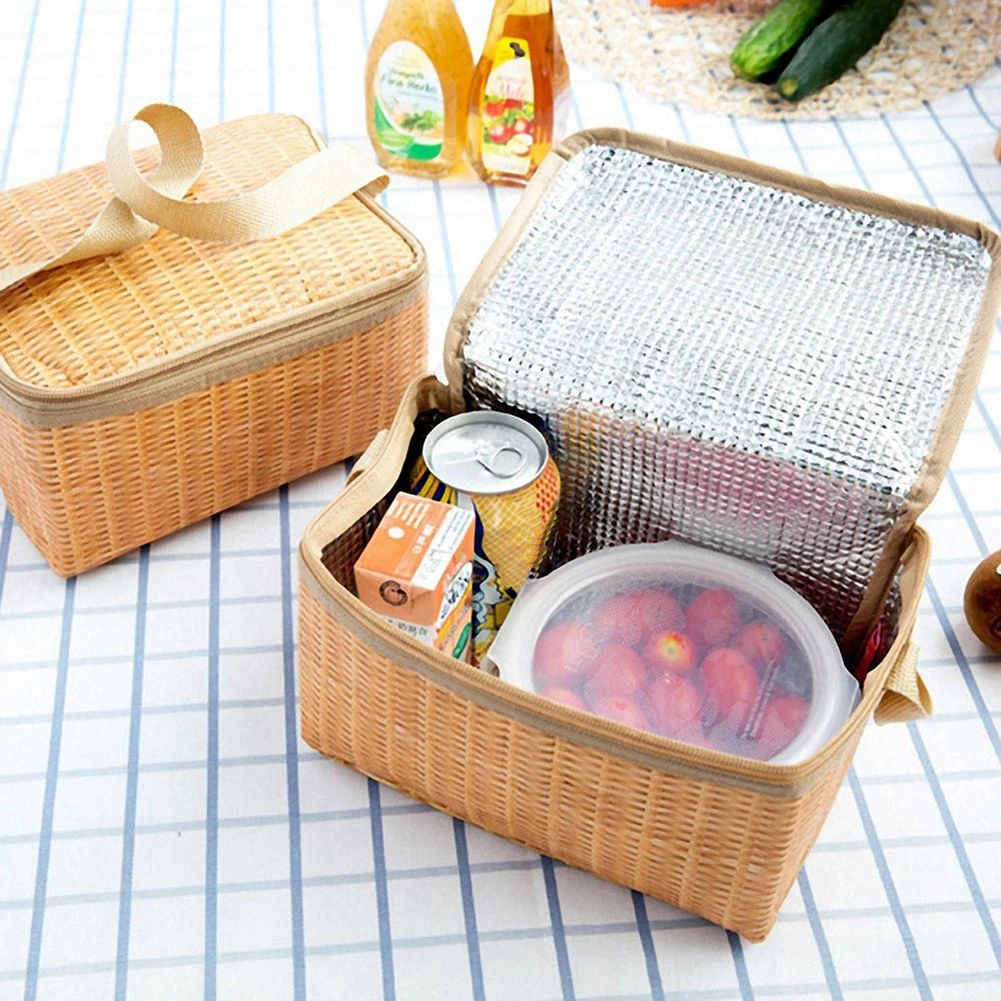 Portable Wicker Rattan Outdoor Camping Picnic Bag Food Container Basket for Indoor Household Camping Aluminum Film Home Storage